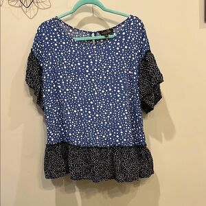 Suzanne Betro Blue and White Ruffled Blouse Relaxed Fit